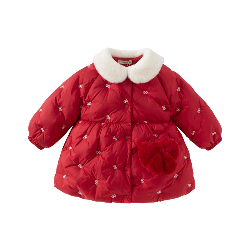 Dave&Bella Toddler Girls Winter Elegant Plush Collar Outdoor A-line Down Coats(wallet bag)