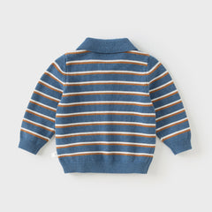 Dave&Bella Toddler Boys Autumn Blue White Striped Cotton Formal Polo T-shirts Tops