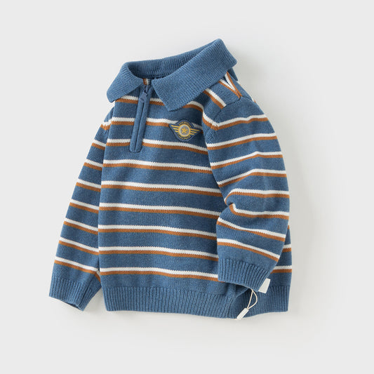 Dave&Bella Toddler Boys Autumn Blue White Striped Cotton Formal Polo T-shirts Tops