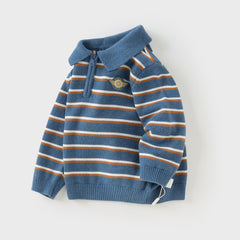 Dave&Bella Toddler Boys Autumn Blue White Striped Cotton Formal Polo T-shirts Tops