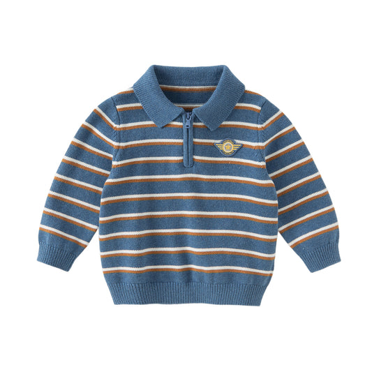 Dave&Bella Toddler Boys Autumn Blue White Striped Cotton Formal Polo T-shirts Tops