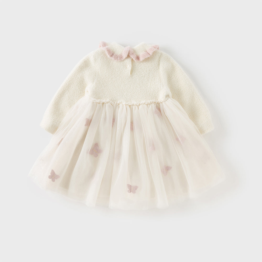 Dave&Bella Toddler Girls Elegant Beige Cozy Knit Sweater Mesh Princess A-line Dress