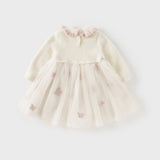 Dave&Bella Toddler Girls Elegant Beige Cozy Knit Sweater Mesh Princess A-line Dress