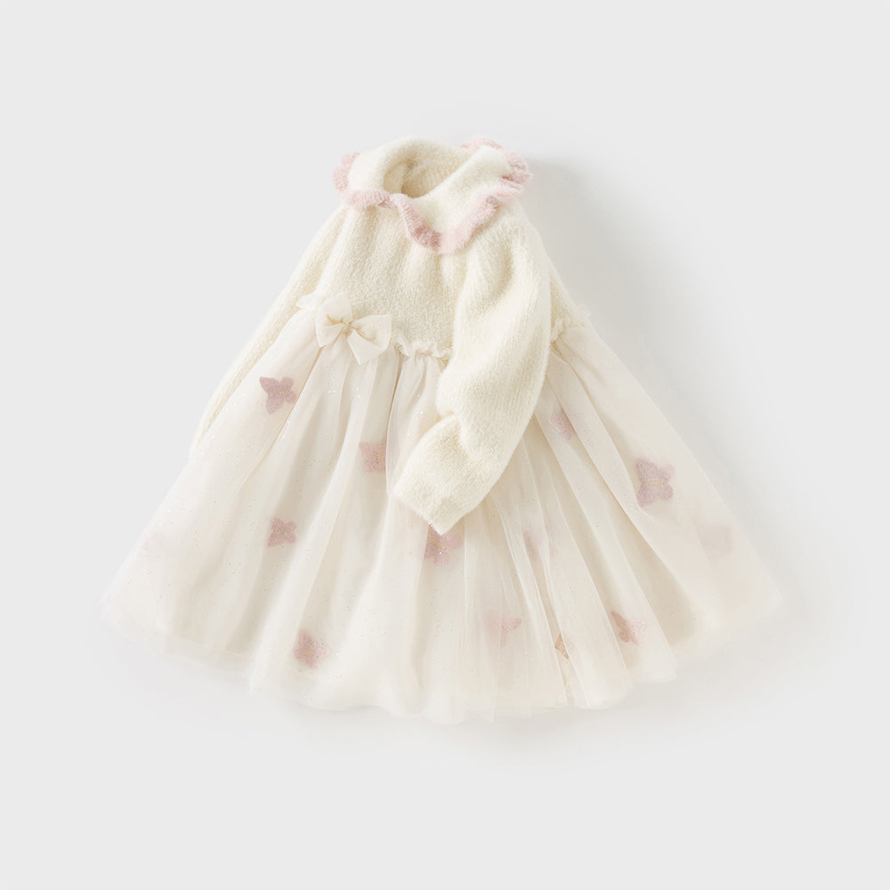 Dave&Bella Toddler Girls Elegant Beige Cozy Knit Sweater Mesh Princess A-line Dress