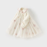Dave&Bella Toddler Girls Elegant Beige Cozy Knit Sweater Mesh Princess A-line Dress