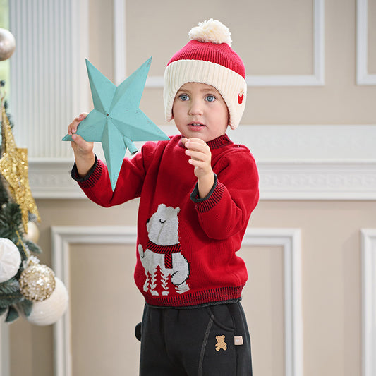 Dave&Bella Toddler Boys Red Cute Bear Turtle Cozy Plush-lined Sweaters Tops
