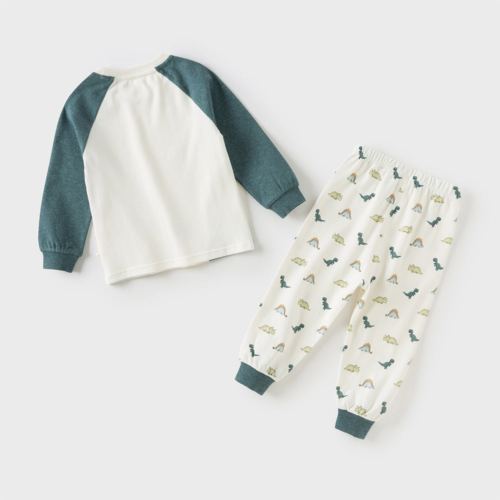 Dave&Bella Toddler Boys Beige Dinosaur Print Indoor Cozy Cotton Pajamas
