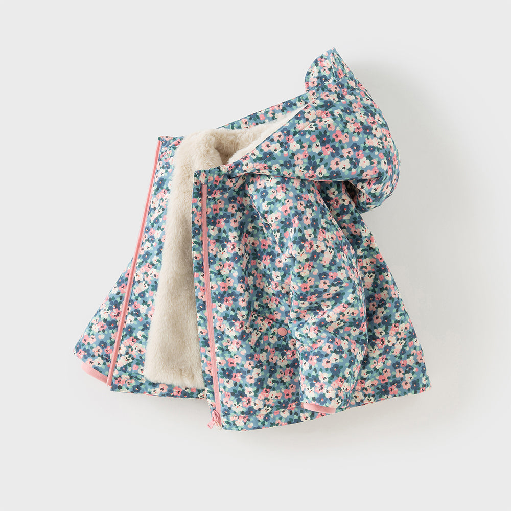 Dave&Bella Toddler Girls Blue Floral Print Outwear Cozy Plush-lined Hooded Coats