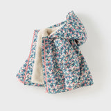 Dave&Bella Toddler Girls Blue Floral Print Outwear Cozy Plush-lined Hooded Coats