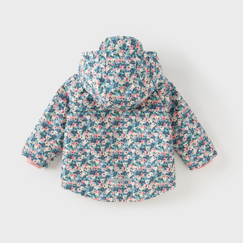 Dave&Bella Toddler Girls Blue Floral Print Outwear Cozy Plush-lined Hooded Coats