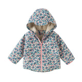 Dave&Bella Toddler Girls Blue Floral Print Outwear Cozy Plush-lined Hooded Coats