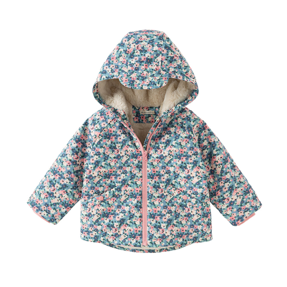 Dave&Bella Toddler Girls Winter Blue Floral Print Outwear Cozy Plush-lined Hooded Coats