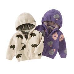 Dave&Bella Toddler Girls/Boys Winter Khaki/Purple Print Hooded Knit Sweaters Coats