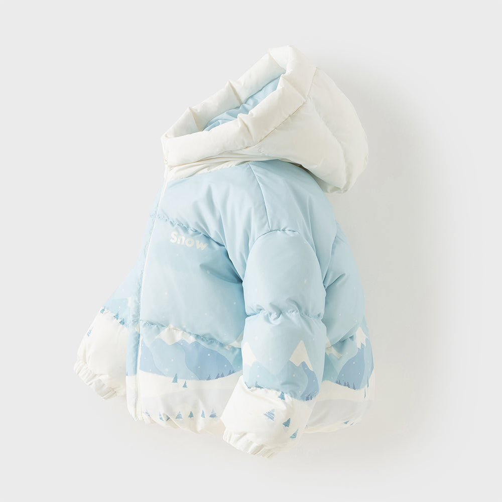 Dave&Bella Toddler Boys Winter Ice Blue Print Outwear Windproof Hooded Cozy Down Coats