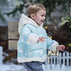 Dave&Bella Toddler Boys Winter Ice Blue Print Outwear Windproof Hooded Cozy Down Coats