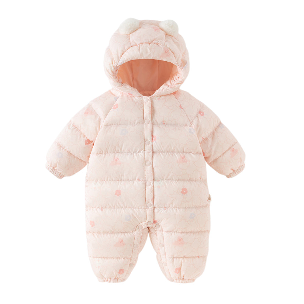 Dave&Bella Baby Girls Winter Cute Pink-print Long-sleeved Cozy Hooded Down Rompers