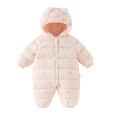 Dave&Bella Baby Girls Winter Cute Pink-print Long-sleeved Cozy Hooded Down Rompers