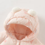 Dave&Bella Baby Girls Winter Cute Pink-print Long-sleeved Cozy Hooded Down Rompers