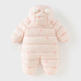 Dave&Bella Baby Girls Winter Cute Pink-print Long-sleeved Cozy Hooded Down Rompers
