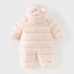Dave&Bella Baby Girls Winter Cute Pink-print Long-sleeved Cozy Hooded Down Rompers