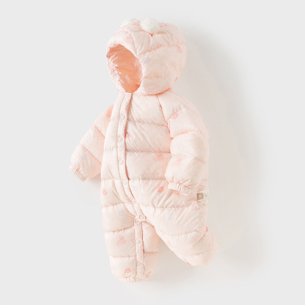 Dave&Bella Baby Girls Winter Cute Pink-print Long-sleeved Cozy Hooded Down Rompers