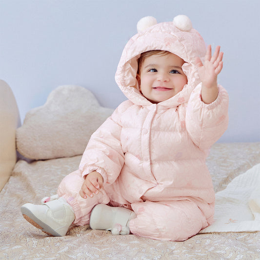 Dave&Bella Baby Girls Winter Cute Pink-print Long-sleeved Cozy Hooded Down Rompers