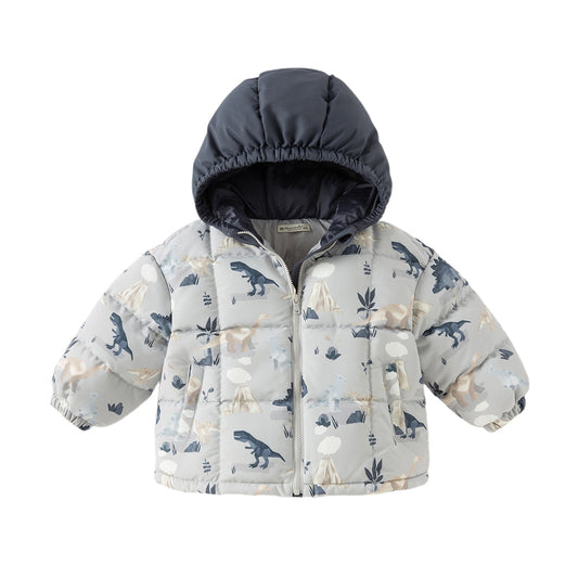 Dave&Bella Toddler Boys Winter Print Grey Windproof Hooded Warm Down Coats