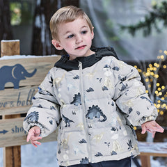 Dave&Bella Toddler Boys Winter Print Grey Windproof Hooded Warm Down Coats