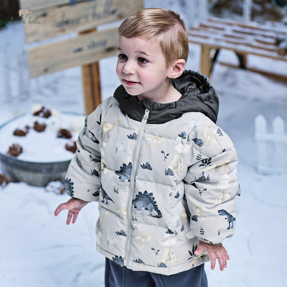 Dave&Bella Toddler Boys Winter Print Grey Windproof Hooded Warm Down Coats