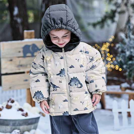 Dave&Bella Toddler Boys Winter Print Grey Windproof Hooded Warm Down Coats