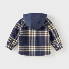 Dave&Bella Toddler Boys Autumn Navy Blue Plaid Hooded Padded Coats