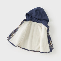 Dave&Bella Toddler Boys Autumn Navy Blue Plaid Hooded Padded Coats