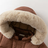 Dave&Bella Kids Boys Winter Casual Brown Long-length Fur-trim Warm Down Coats