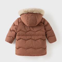 Dave&Bella Kids Boys Winter Casual Brown Long-length Fur-trimmed Warm Down Coats