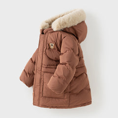 Dave&Bella Kids Boys Winter Casual Brown Long-length Fur-trimmed Warm Down Coats