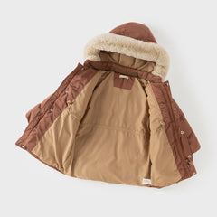 Dave&Bella Kids Boys Winter Casual Brown Long-length Fur-trimmed Warm Down Coats