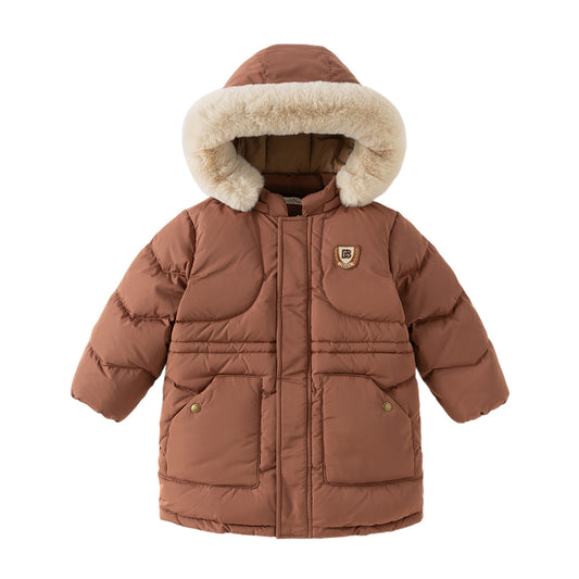 Dave&Bella Kids Boys Winter Casual Brown Long-length Fur-trimmed Warm Down Coats