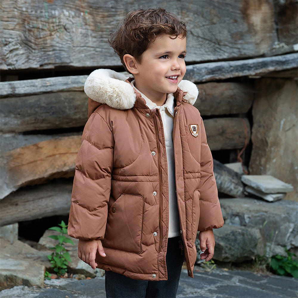 Dave&Bella Kids Boys Winter Casual Brown Long-length Fur-trim Warm Down Coats