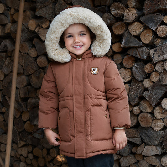 Dave&Bella Kids Boys Winter Casual Brown Long-length Fur-trimmed Warm Down Coats