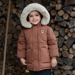 Dave&Bella Kids Boys Winter Casual Brown Long-length Fur-trimmed Warm Down Coats