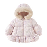 Dave&Bella Toddler Girls Winter Cute Purple Floral-print Windproof Fur-trim Down Coats