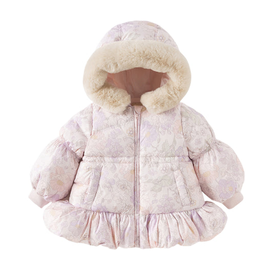 Dave&Bella Toddler Girls Winter Cute Purple Floral-print Windproof Fur-trimed Down Coats