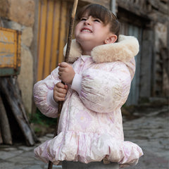Dave&Bella Toddler Girls Winter Cute Purple Floral-print Windproof Fur-trimed Down Coats