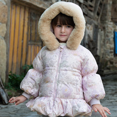 Dave&Bella Toddler Girls Winter Cute Purple Floral-print Windproof Fur-trimed Down Coats
