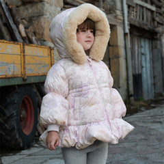 Dave&Bella Toddler Girls Winter Cute Purple Floral-print Windproof Fur-trimed Down Coats
