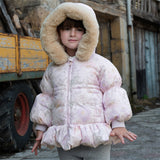 Dave&Bella Toddler Girls Winter Cute Purple Floral-print Windproof Fur-trim Down Coats
