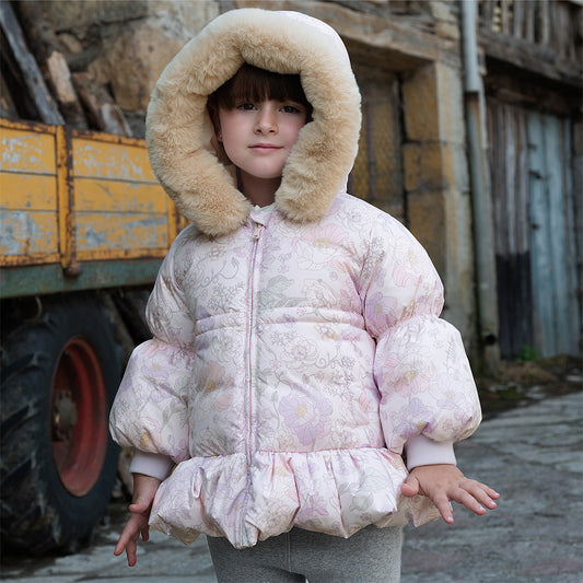 Dave&Bella Toddler Girls Winter Cute Purple Floral-print Windproof Fur-trimed Down Coats