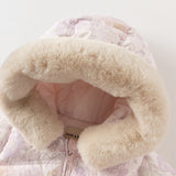 Dave&Bella Toddler Girls Winter Cute Purple Floral-print Windproof Fur-trim Down Coats