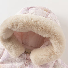 Dave&Bella Toddler Girls Winter Cute Purple Floral-print Windproof Fur-trimed Down Coats