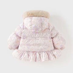 Dave&Bella Toddler Girls Winter Cute Purple Floral-print Windproof Fur-trimed Down Coats